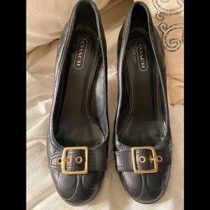 Coach Black Leather Logo Gold Buckle Heels 8.5